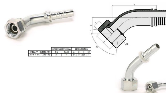 Imagen de HEMBRA CURVA 45° JIC 1.5/16'' UN X 12F 16 MANG.1''